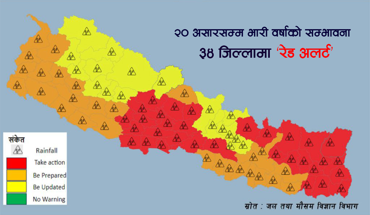 असार २० गतेसम्म भारी वर्षाको सम्भावना, ३४ जिल्लामा ‘रेड अलर्ट’